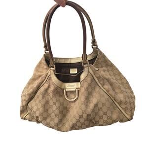 Authentic Gucci Abbey D-Ring Hobo Bag | Beige GG Monogram Canvas Gold Tan